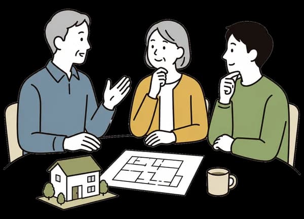 家族で親の家について話し合う線画イラスト