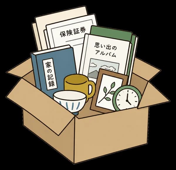 片付け前の荷物と書類が入った段ボールの線画イラスト