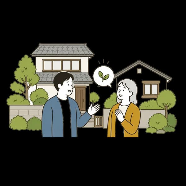 家の前で家族が活用方法を話し合う線画イラスト