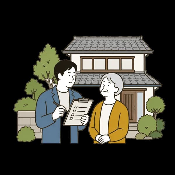 実家の前で相談員が家族と話している線画イラスト